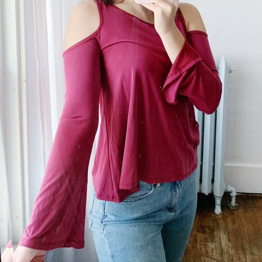 Hollister Burgundy Sueded Jersey Cold Shoulder Top - Picture 1 of 5